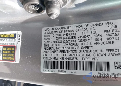 2019 Honda Cr-V Ex-L from USA, damaged, VIN 2HKRW1H85KH513675